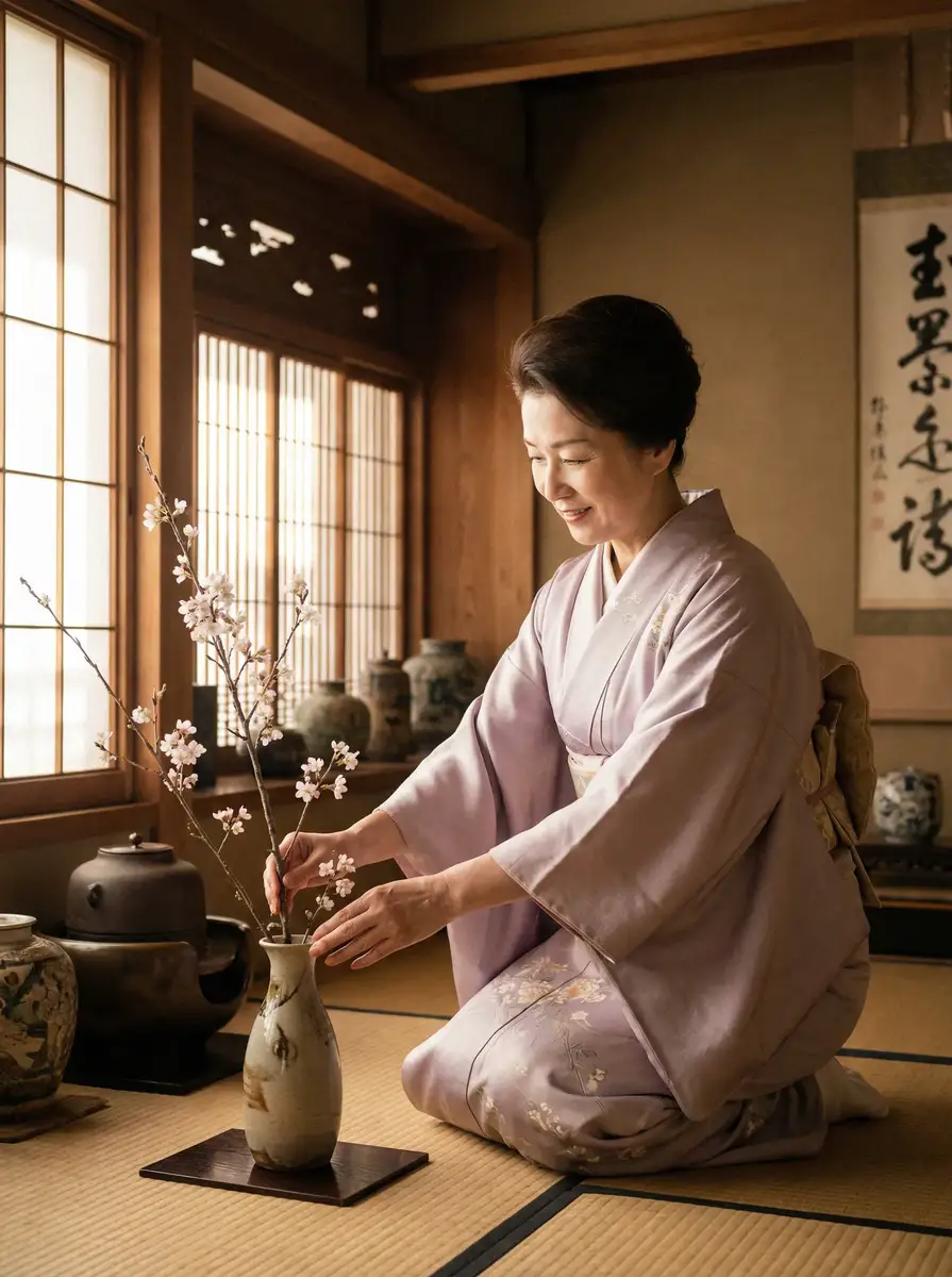 一位优雅的 木下凛凛子 在和室中插花